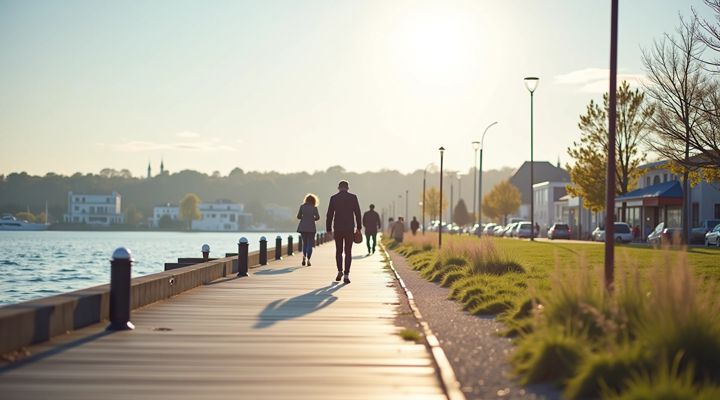 Eakas inimene jalutamas rannapromenadil, sügav fotograafia, päikseline ilm, ookean taustal