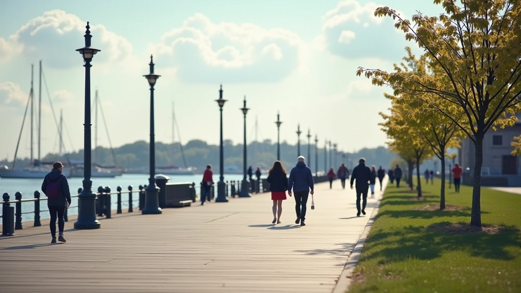 Kevadine rannapromenaad rohekate puudega ja soe päikesepaiste