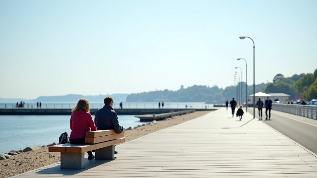 Vaade Pärnu muulile, rannal istuvad inimesed pingil, jaluturajad taustal