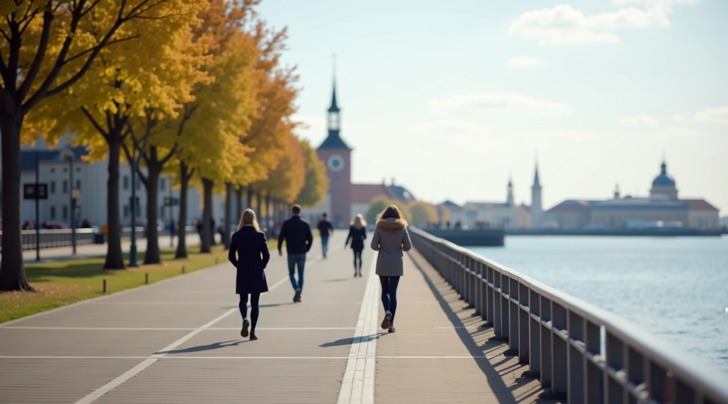 Rannapromenaad erineval aastajal, kus nähtavad jalutajad ja looduslikkus iga hooaja kohta